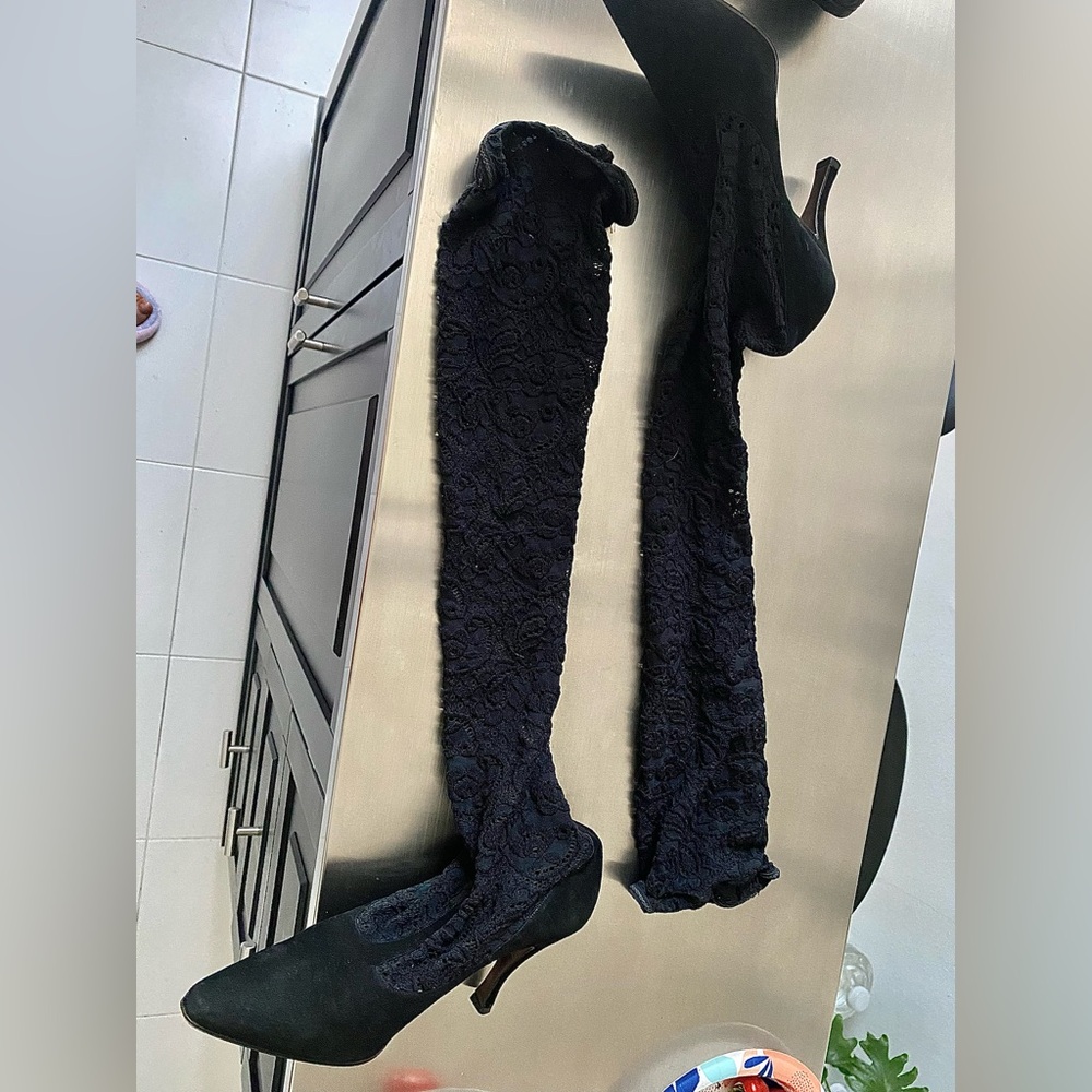 VERO CUOIO Over the knee LACE stocking boots, black suede combo, size 36.5(6.5)